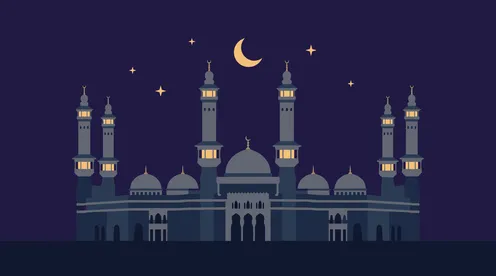 رسم توضيحي للمسجد مع الهلال والنجوم في الليل