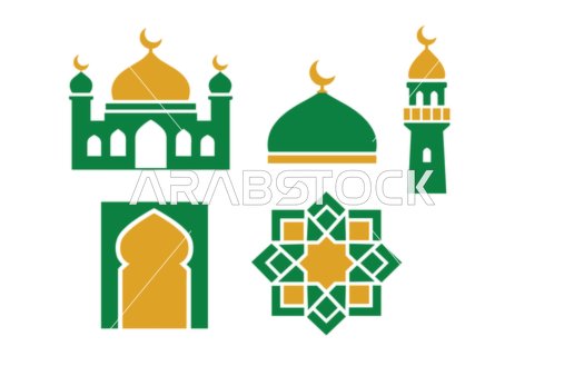 Green and Gold Islamic Mosque and Minaret Icons