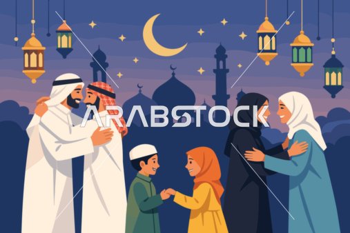 Muslim Family Celebrating Eid Under Crescent Moon