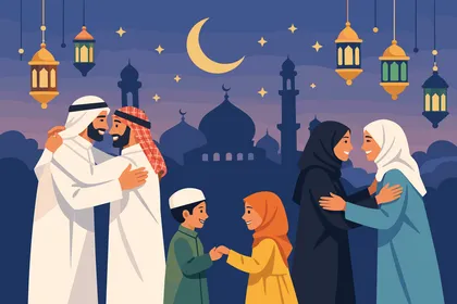 عائلة مسلمة تحتفل بالعيد تحت هلال القمر