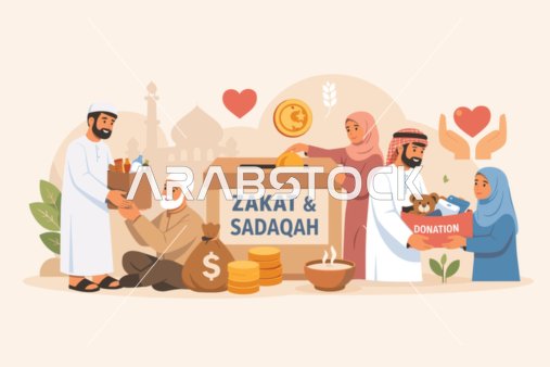 رسم توضيحي للزكاة والصدقة والعمل الخيري الإسلامي