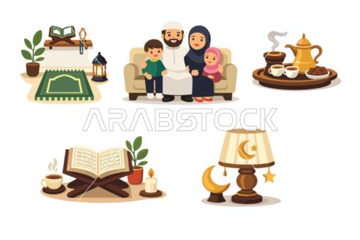 مجموعة رسوم عائلة مسلمة وتقاليد رمضان