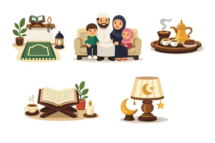 Muslim Family and Ramadan Traditions Vector Set