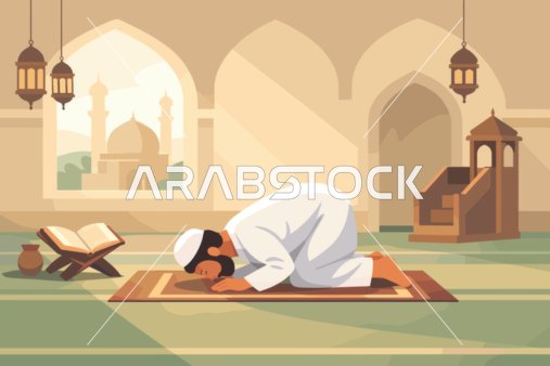 رسم توضيحي لرجل مسلم يصلي السجود في المسجد