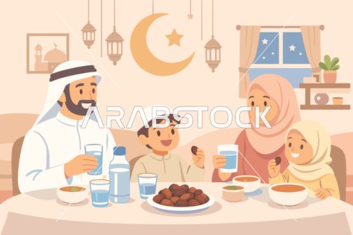 Muslim Family Breaking Fast Ramadan Iftar Illustration