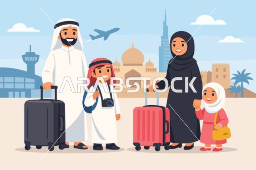 عائلة عربية تسافر في مطار دبي رسم توضيحي