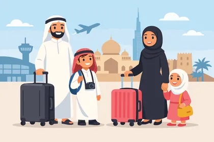 عائلة عربية تسافر في مطار دبي رسم توضيحي