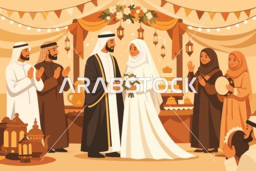 رسم توضيحي لحفل زفاف عربي تقليدي مع العائلة