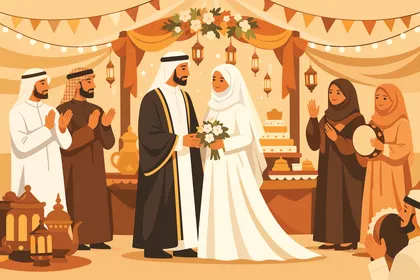 رسم توضيحي لحفل زفاف عربي تقليدي مع العائلة
