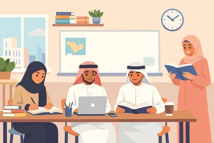 طلاب عرب يدرسون في فصل دراسي رسم توضيحي