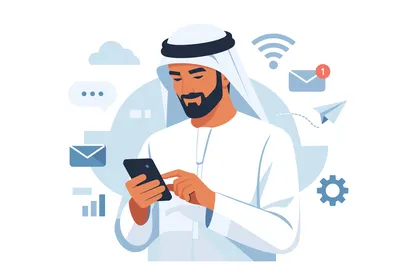 رجل عربي يستخدم الهاتف الذكي مع أيقونات رقمية