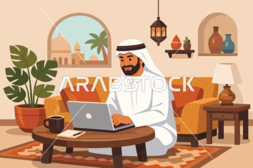 Arab Man Working on Laptop in Modern Home Interior