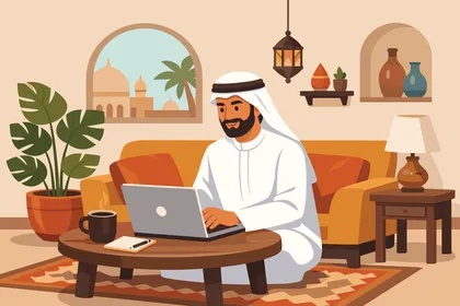 رجل عربي يعمل على لابتوب في غرفة معيشة حديثة