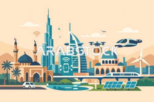 رسوم توضيحية لمدينة دبي الذكية وأفق المستقبل المتطور