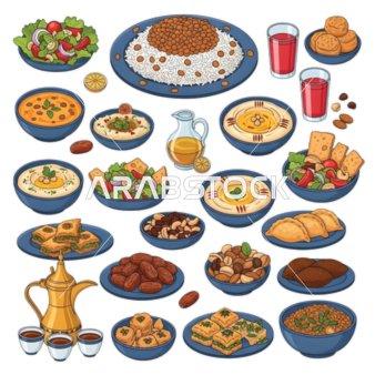 مجموعة رسومات توضيحية للأطعمة والمشروبات العربية التقليدية