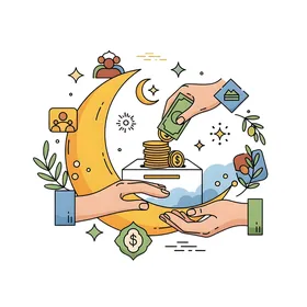 رسم توضيحي للصدقة والزكاة مع هلال رمضان