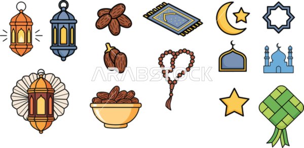 مجموعة رسوم متجهة لرموز وأيقونات رمضان الإسلامية