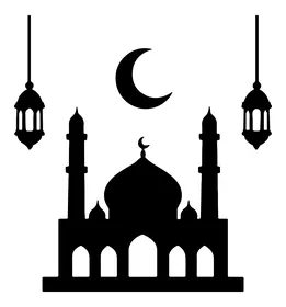 صورة ظلية لمسجد أسود مع هلال وفوانيس رمضان المعلقة