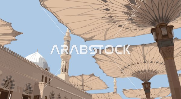 Prophet's Mosque Medina Umbrellas Vector Illustration