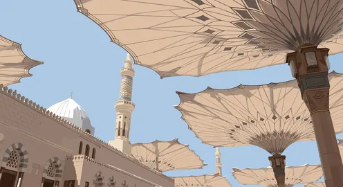 Prophet's Mosque Medina Umbrellas Vector Illustration