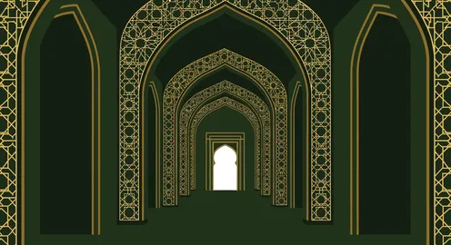 رسم توضيحي للأقواس الإسلامية بأنماط هندسية ذهبية