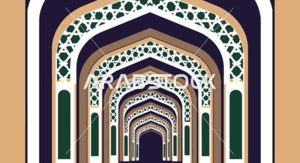 Symmetrical Islamic Arch Hallway Geometric Illustration