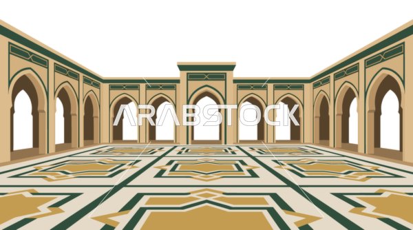رسم توضيحي لساحة المسجد مع العمارة الإسلامية والأقواس