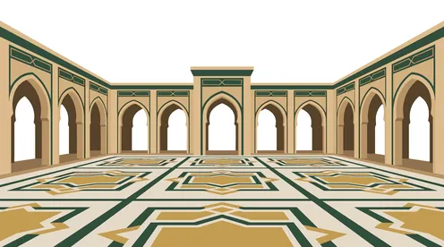 رسم توضيحي لساحة المسجد مع العمارة الإسلامية والأقواس