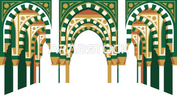 Islamic Arches Vector Green and Gold Geometric Pattern