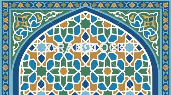 نمط هندسي إسلامي مقوس باللون الأزرق والذهبي