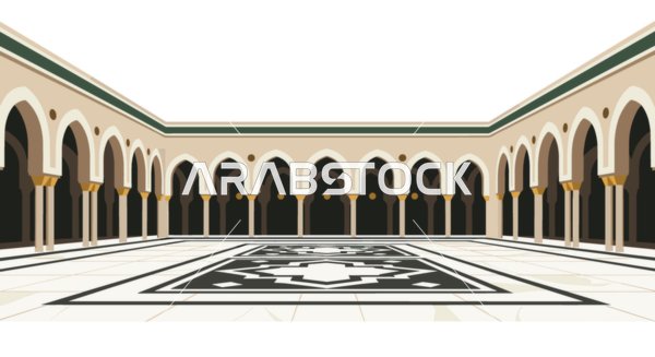 رسم توضيحي لفناء العمارة الإسلامية والأقواس