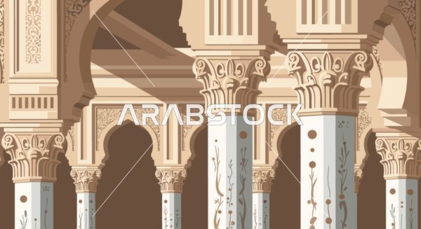 تصميم أقواس وأعمدة أندلسية إسلامية مزخرفة باللون البيج