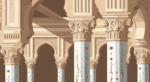 تصميم أقواس وأعمدة أندلسية إسلامية مزخرفة باللون البيج