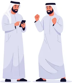 رسم توضيحي لرجلين عربيين مع هاتف ذكي