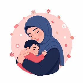 رسم توضيحي لناقل أم مسلمة تحتضن طفلها خلفية وردية