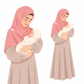 رسم توضيحي لأم مسلمة تحمل طفلها الرضيع