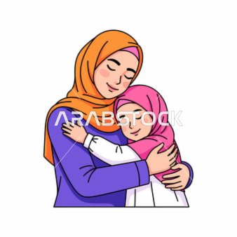 Muslim Mother and Daughter Hugging Vector Illustration