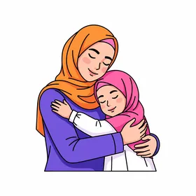 Muslim Mother and Daughter Hugging Vector Illustration