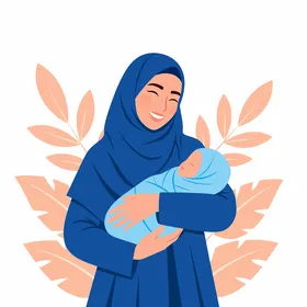 رسم توضيحي لأم مسلمة تحمل طفلها حديث الولادة