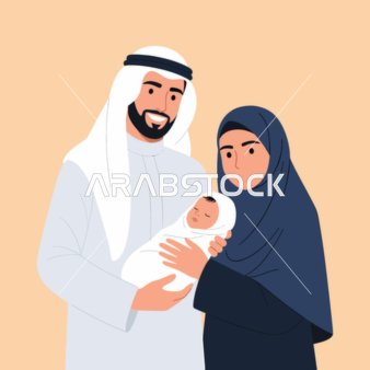 عائلة عربية مع مولود جديد رسم توضيحي مسطح
