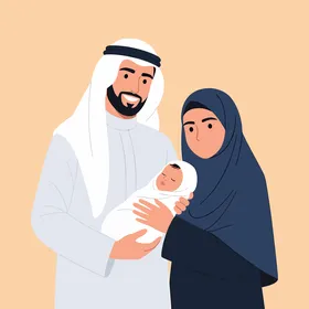 عائلة عربية مع مولود جديد رسم توضيحي مسطح