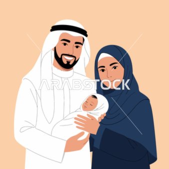 Arab Family Illustration with Newborn Baby in Traditional Dress