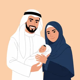 Arab Family Illustration with Newborn Baby in Traditional Dress