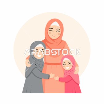 رسم توضيحي لأم مسلمة تحتضن بناتها