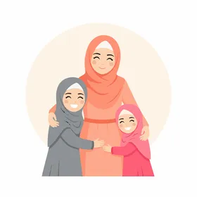 Muslim Mother Hugging Daughters Family Vector Illustration