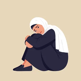 Sad Muslim Woman Hijab Minimalist Vector Illustration