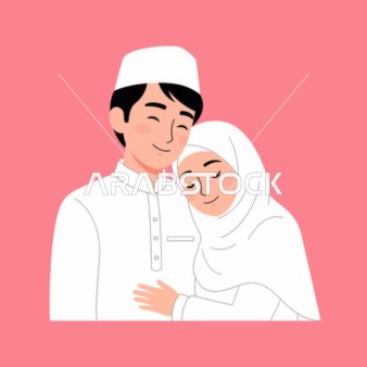 رسم توضيحي لزوجين مسلمين بملابس تقليدية بيضاء
