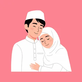 رسم توضيحي لزوجين مسلمين بملابس تقليدية بيضاء