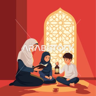 عائلة مسلمة تقرأ مع فانوس في رمضان