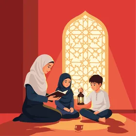 عائلة مسلمة تقرأ مع فانوس في رمضان